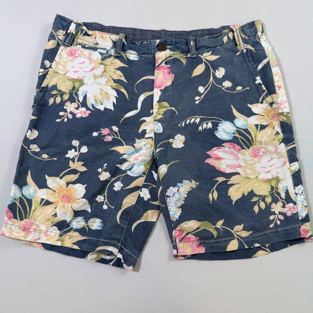 Polo Ralph Lauren Shorts Mens 34 Navy Blue Floral Linen Blend Straight Fit Beach